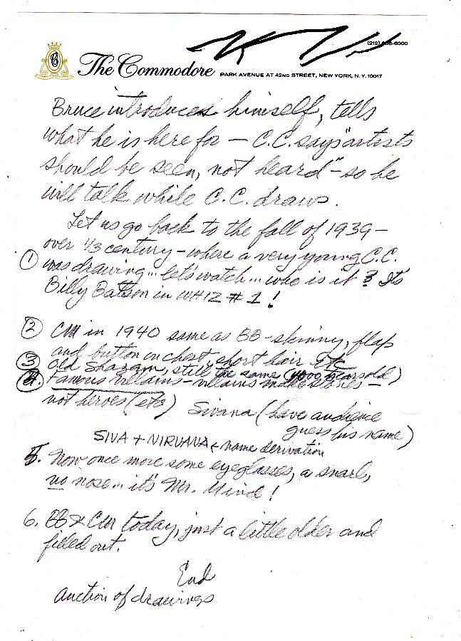 Texto de 1972 convención notas de discurso C.C. BECK en Capitana Marvel.