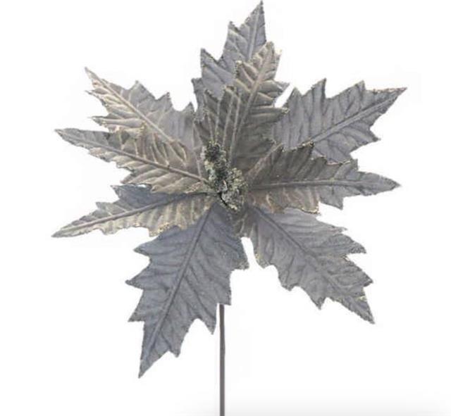 Silver Poinsettia With Silver Glitter Stem 66cm