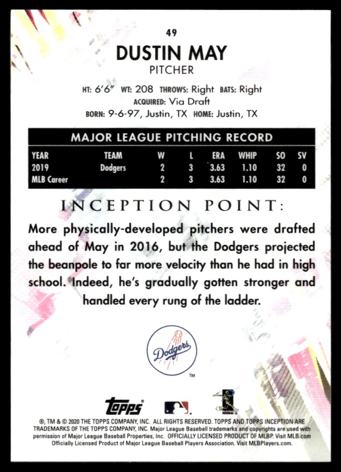 2020 Topps Inception Dustin May Rookie Los Angeles Dodgers #49 R42 - Image 2 of 2