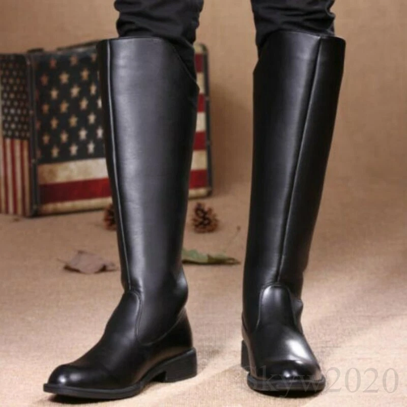Knee High Boots Combat Mens Zipper Leather Riding Combat Military Motor Shoes