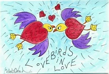 LOVEBIRDS IN LOVE & HEARTS Original Mixed-Media WATERCOLOR FOLK ART PAINTING