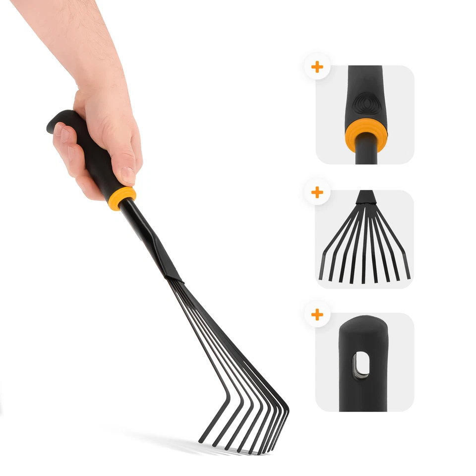 Kleinbesen Garten Handrechen Stahl 9 Zinken Breite 14 cm Ergonomischer Griff - Bild 3 von 4