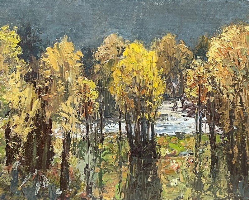 Original oil painting landscape mountains trees fall pallet knife impressionism
