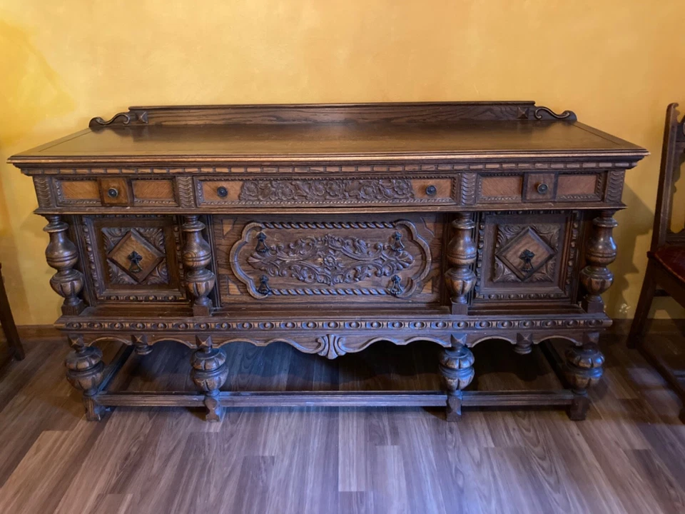 Антикварный набор для столовой, якобинский стиль, английское возрождение, резной дуб, Hodell Co - Изображение 4 из 4