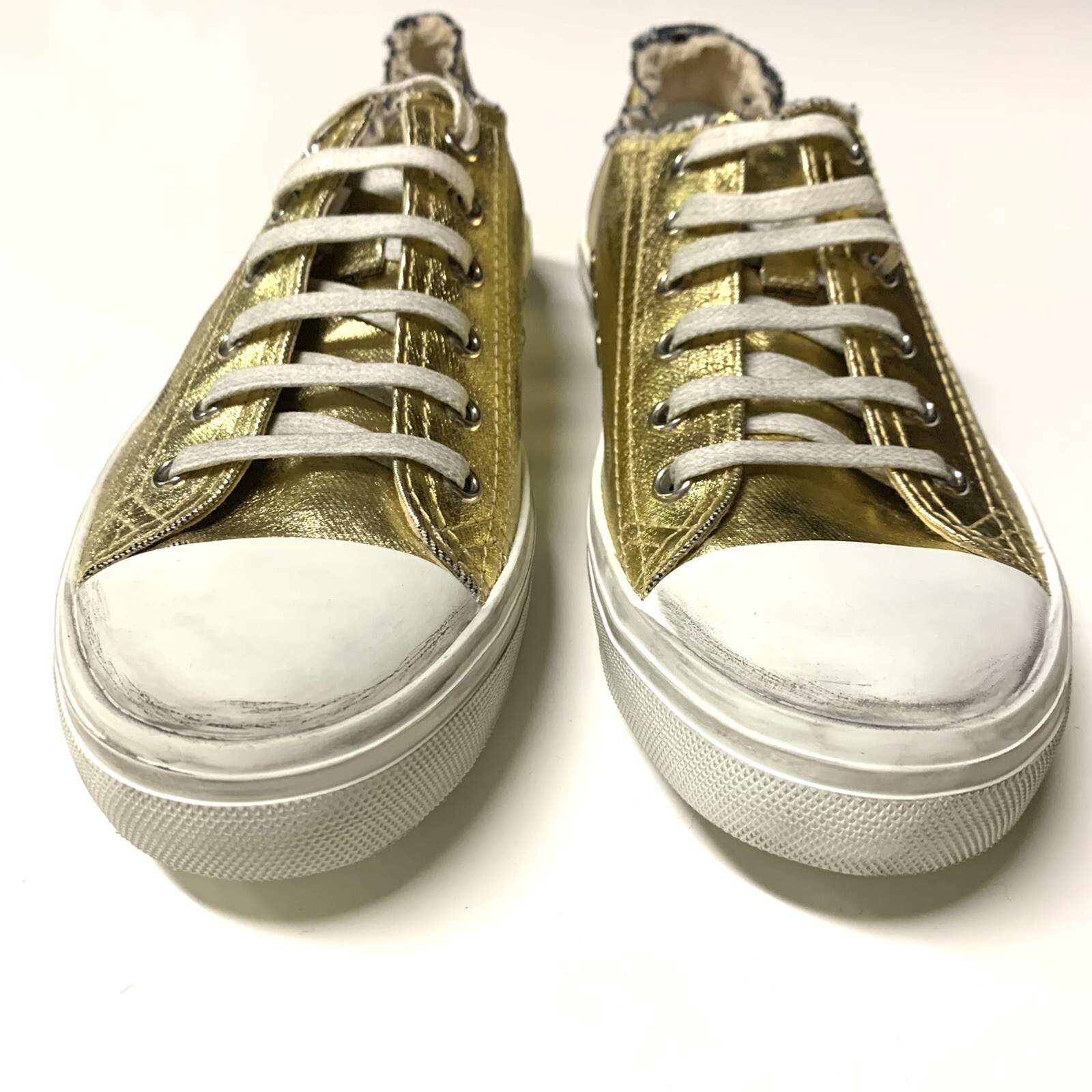 NUOVE sneakers metalliche basse Saint Laurent Bedford effetto invecchiato taglia 8 oro RARE