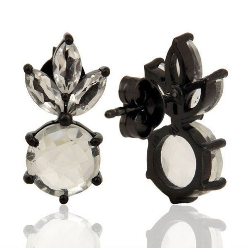 Crystal Quartz Black Oxidized 925 Silver Stud Earrings Gemstone Jewelry - Picture 3 of 5