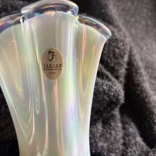 FENTON  blue Ruffled Floral Opalescent  8in Art Glass  Vase