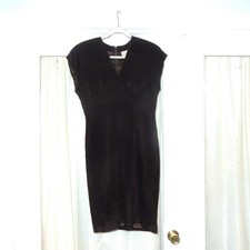 Vintage 80's Black Suede Leather Midi Dress Cocktail V-Neck wiggle S/M goth