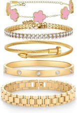 18K Gold Plated Bangle Bracelet Set, 5-Piece Floral  Tennis Design