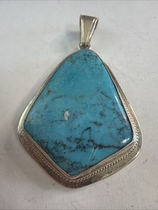 Vintage Native American Sterling Silver Turquoise Slab Pendant Statement  F27