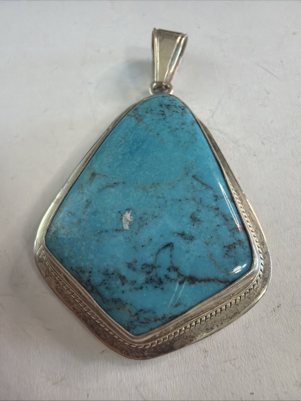 Vintage Native American Sterling Silver Turquoise Slab Pendant Statement  F27