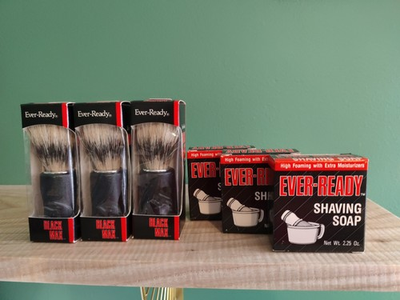 #ad Vtg Ever Ready Black Max Shaving Brush Black Handle Plus 3 Vtg Shaving Soaps $59.95