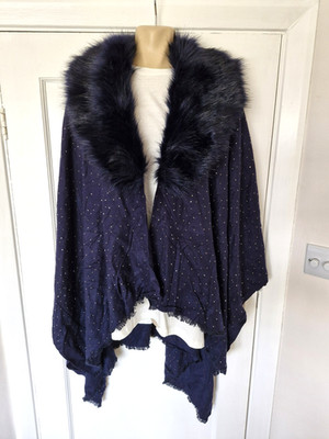 Jayley Kaschmir Seide Halstuch Cape Schal Stoll Navy abnehmbarer Fellkragen One Size
