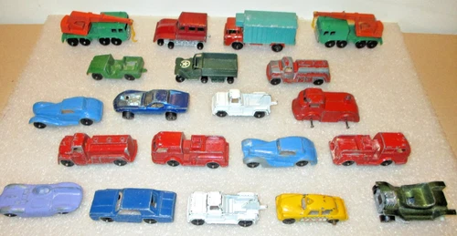 20--VINTAGE CAST CARS & TRUCKS, MATCH BOX-TOOTSIE-HOT WHEELS,  FIRE TRUCKS-ARMY+