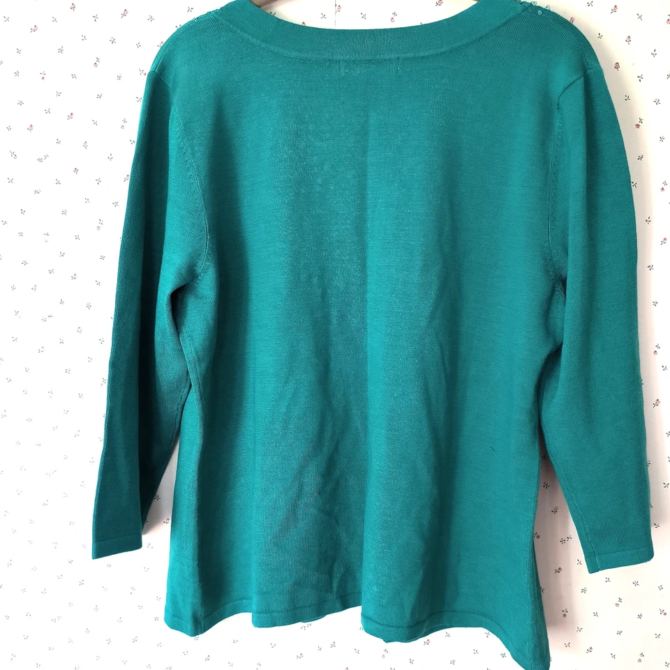 Coldwater Creek Cardigan Sweater L Green Crochet Beaded Silk Blend Office Travel - Image 2 of 4