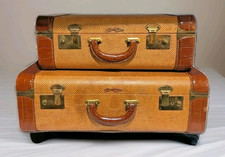 Vintge Super Fortress Woven Luggage w/Leather Trim Snapbags Brass Hardware Satin
