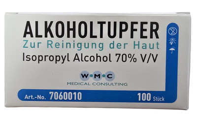 Alkoholtupfer 3x3cm   100 Stück einzeln verpackt, zur hygienischen Hautreinigung
