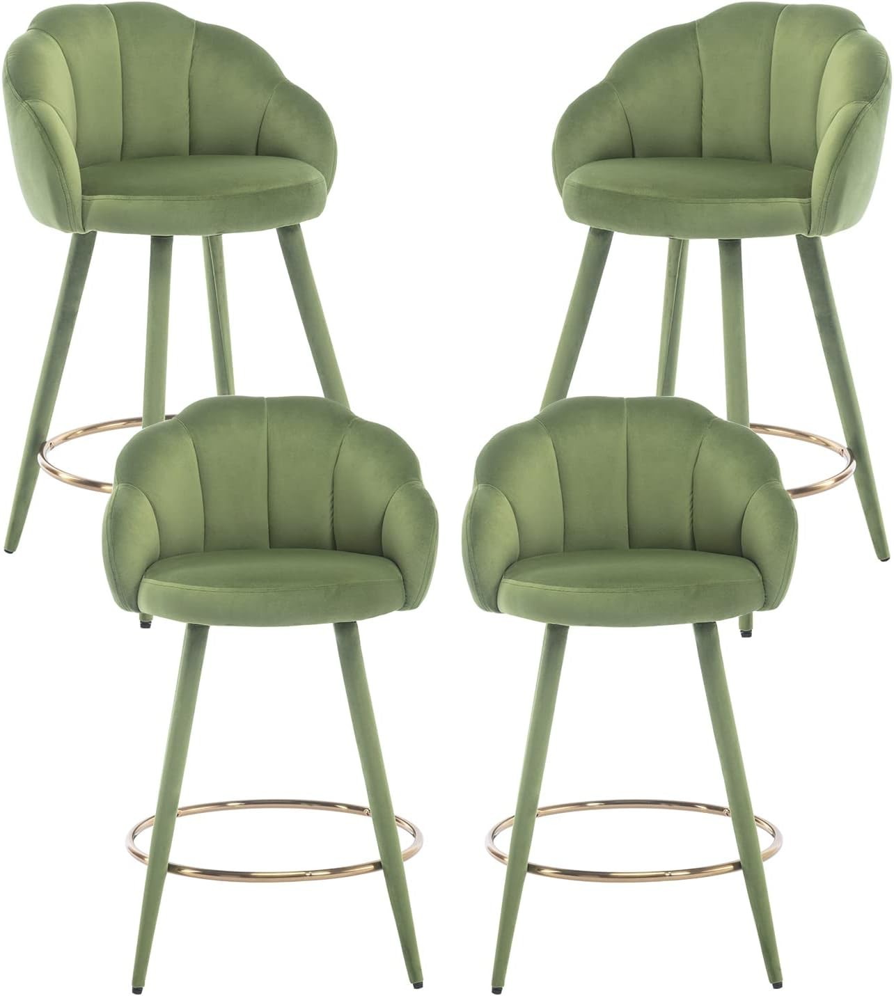 Green Velvet Bar Stools Set of 4 Modern Kitchen Counter Breakfast Chairs