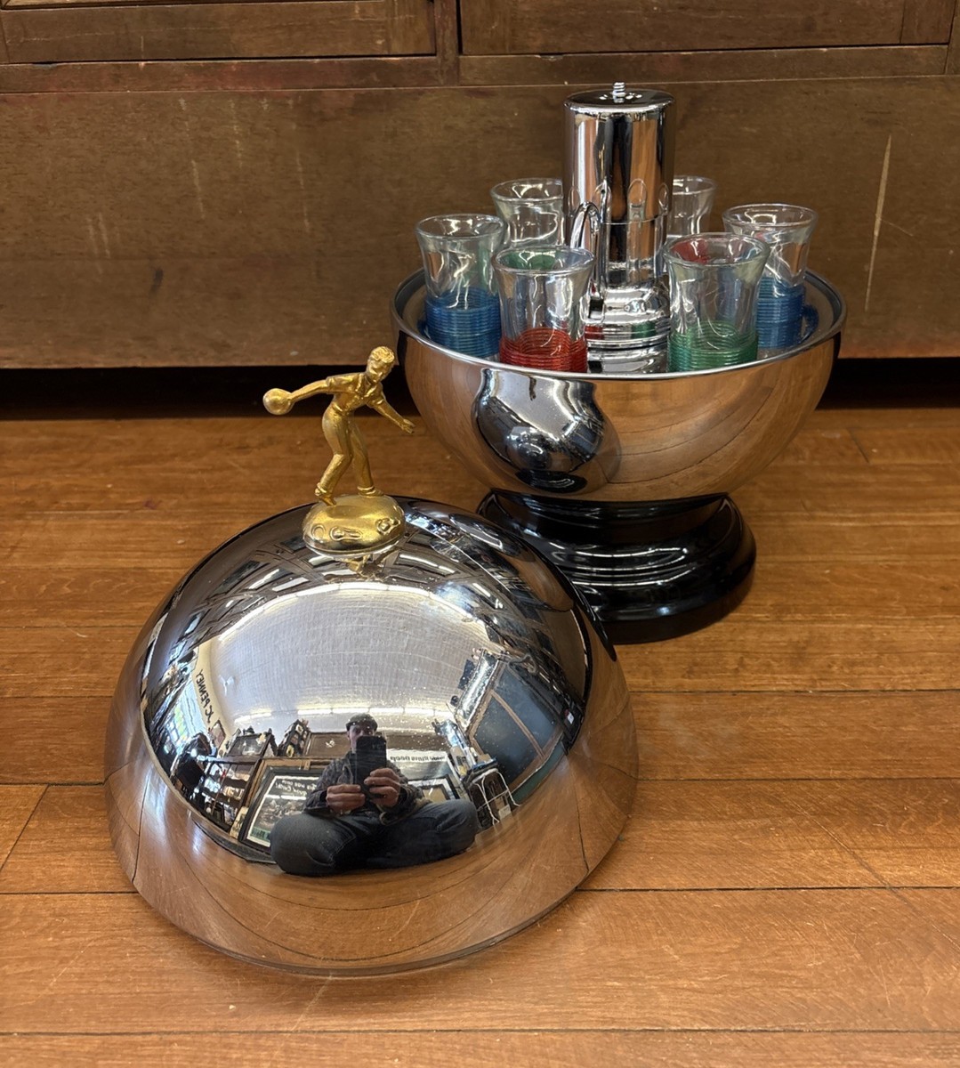 Vintage MCM Bowling Ball Liquor Dispenser Pump w/6 Shot Glasses