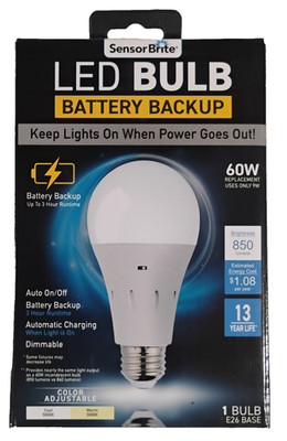 Sensor Brite LED Bulb Battery Backup Rechargable 60w Dimmable E26 Base New Box