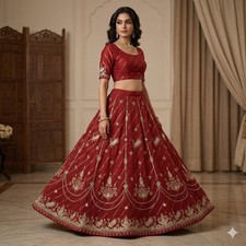 Sanskriti Vintage Dark Red Georgette Stitched Lehenga Peacock Zari Embroidered
