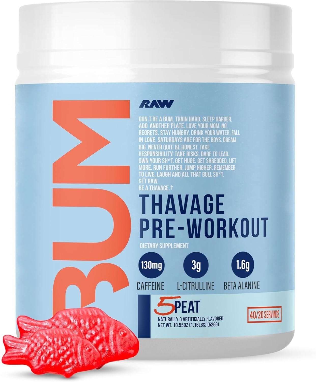 RAW CBUM Thavage Pre Workout Powder Red Gummy 5 Peat Sports Nutrition Energy