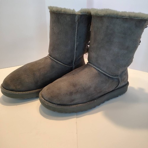 UGG Boots Bailey Bow II Gray Suede Sheepskin FurLined Boots 1016225 Womens Sz 10 - Picture 4 of 13