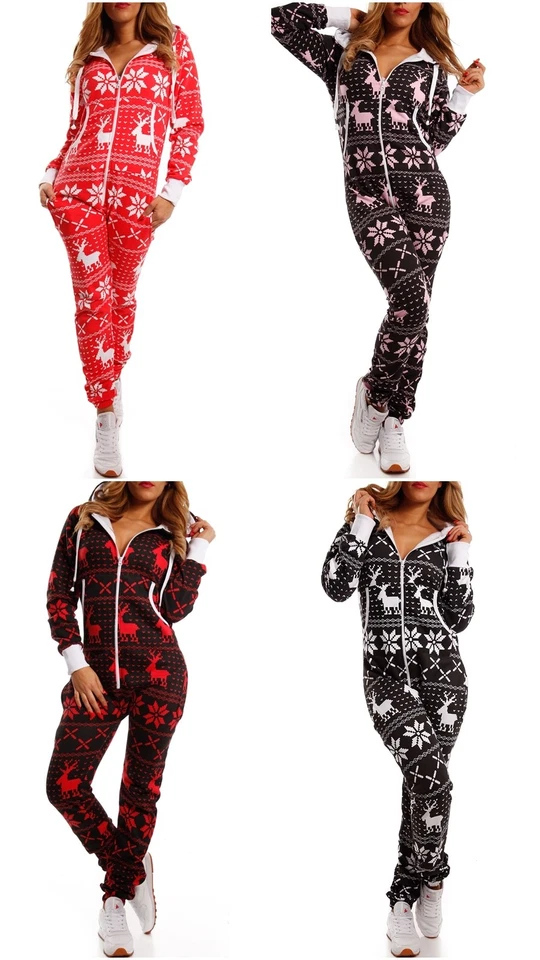 BLACK ANGELS Damen Winter Jumpsuit mit Kapuze – Kuscheloverall Norwegermuster Einteiler