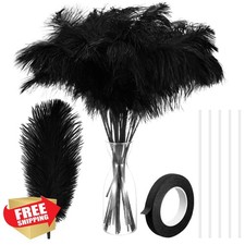 80 Ostrich Feathers Bulk 8-12" Black with Wire for Vase Decor Centerpieces