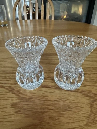 Set 2 Princess House Fostoria 24% Lead Crystal Vase Toothpick Or Candle Holders