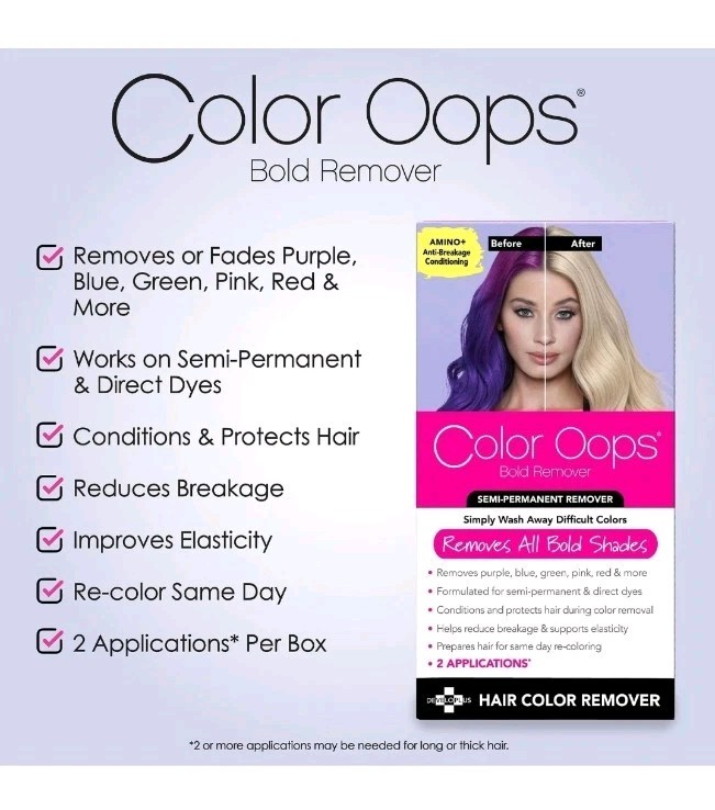 Color Oops Bold Hair Dye Remover Kit, 2 Applications - Safely Lifts Direct Color