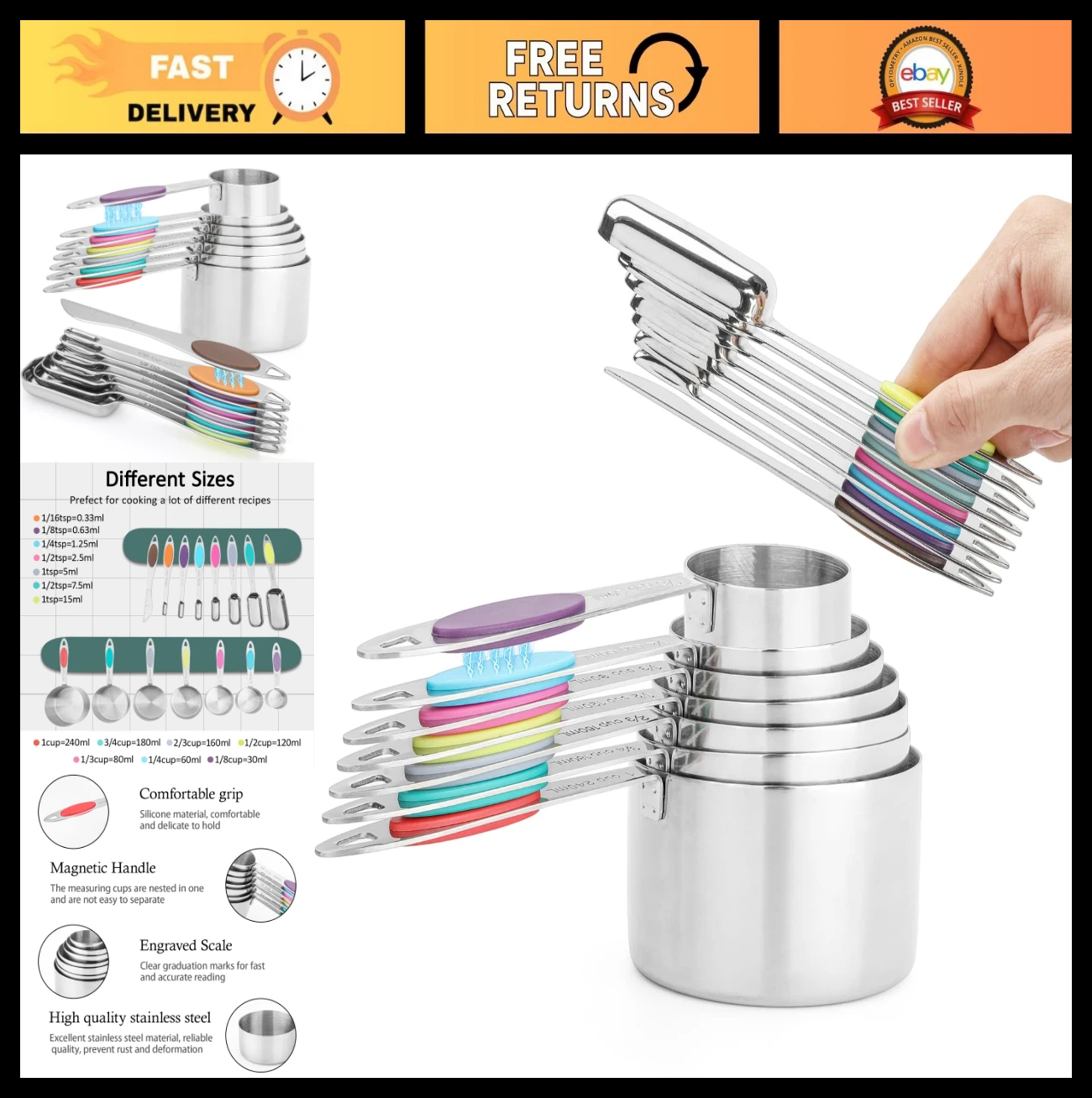 15-Piece Magnetic Measuring Cups & Spoons Set - Stainless Steel, Colorful, Dry &