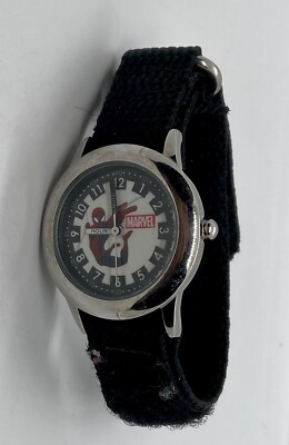 Marvel SPIDER-MAN Watch New Battery Black Canvas Band Analog Dial Silver Case