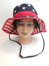 Patriotic Stars and Stripes Flag Bucket Hat w Adjustable Bungee Strap