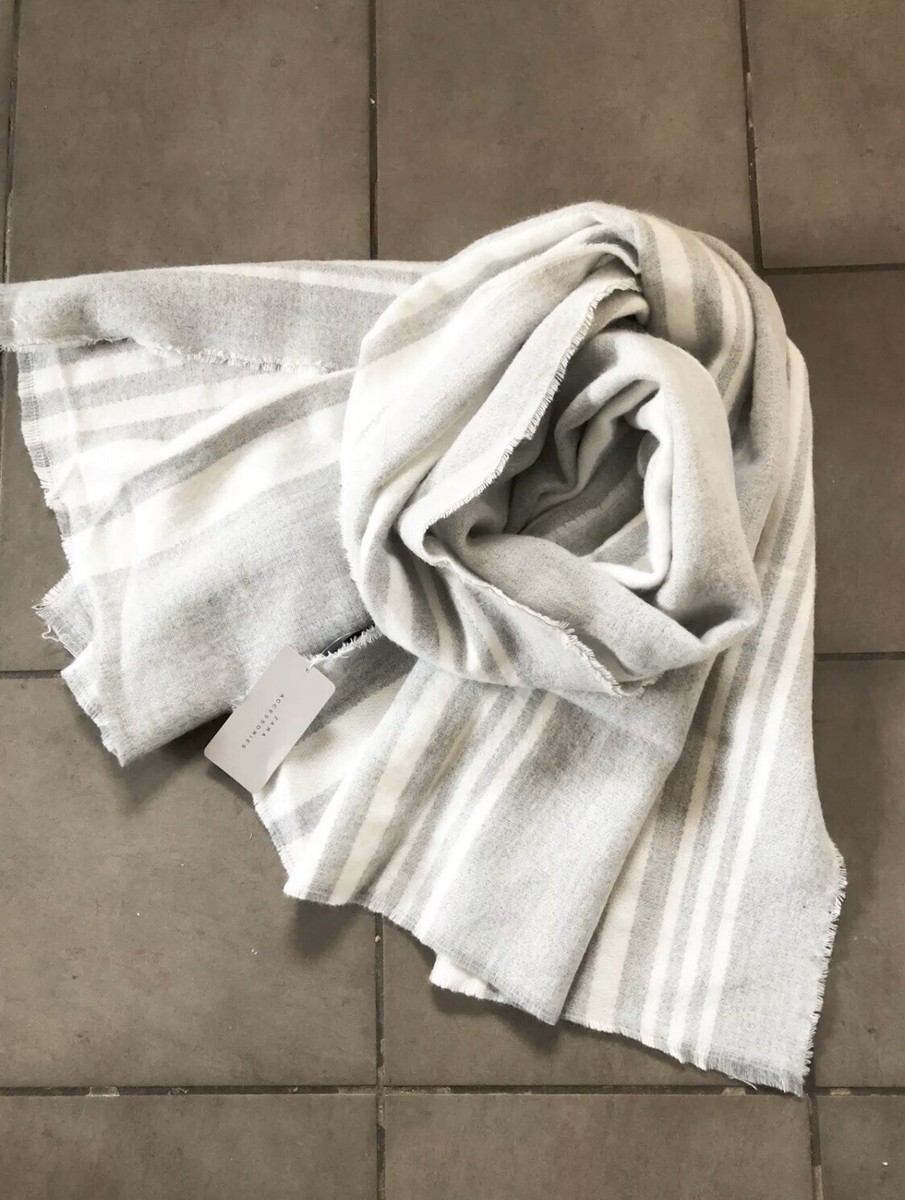 Zara Ecru Grey Striped Soft Large Long Scarf Throw Bnwt S24