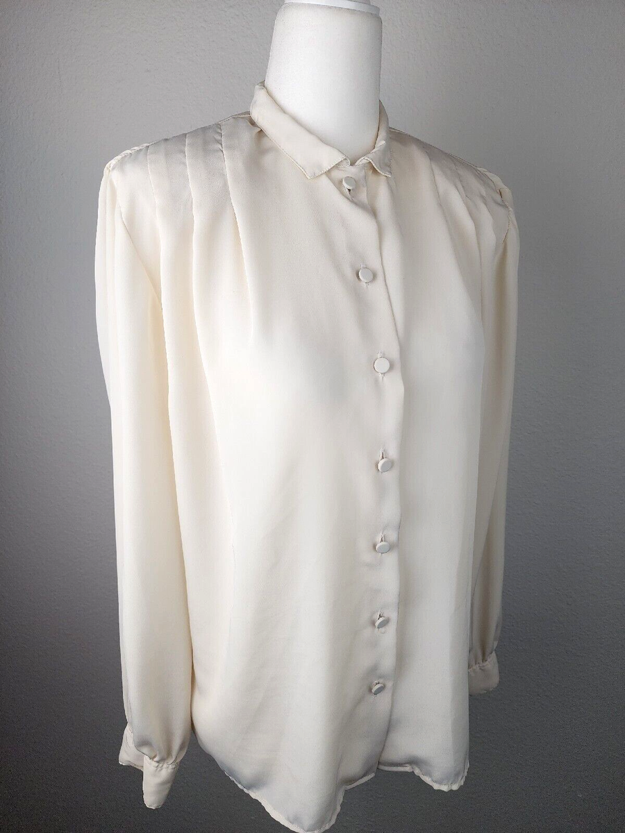 Vintage 70s 80s High Neck Ivory Cream Blouse ~PM Button Collar