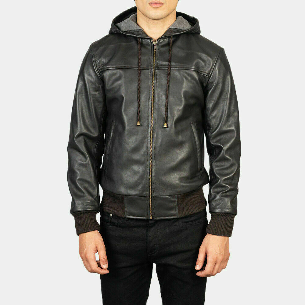 Chaqueta de bombardero de cuero genuino negro de piel de cordero para hombre ...