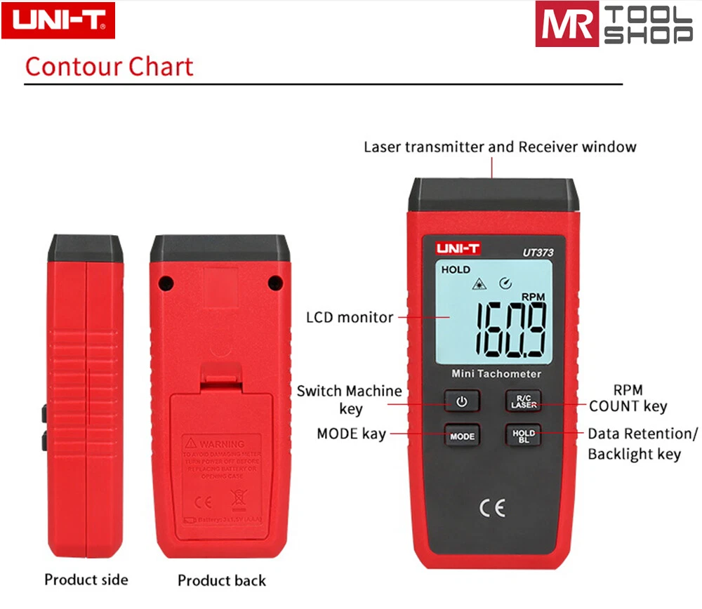 UNIDAD UT373 Tacómetro Láser Digital Rango Automático Medidor RPM Sin Contacto LCD Retroiluminado