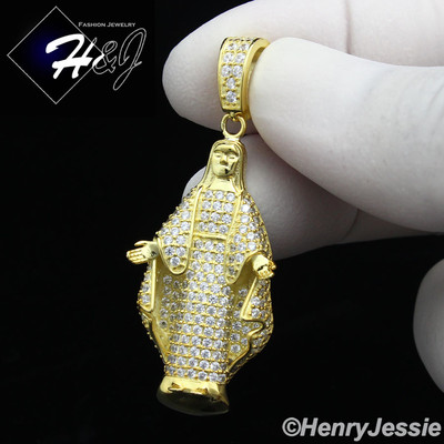 925 STERLING SILVER ICY CUBIC ZIRCONIA GOLD PLATED 3D VIRGIN MARY ...