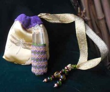 Quartz Stone Point Beaded Wand in Peridot Green Purple Gold Copper Wiccan Magick