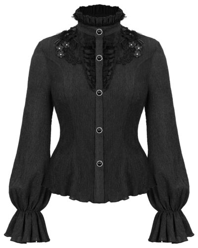 Devil Fashion Damen Gothic Blumenmuster Applique Bluse Spitze Schwarz Steampunk - Bild 1 von 12
