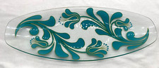 1970's Retro Chance Brothers Glass Dish Turquoise Floral Transfer Pattern