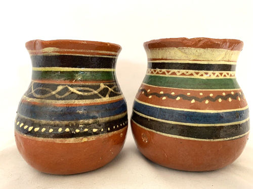 Mexican Terracotta Pitcher Lot of 2 Hand Painted Handle Blue Stripe VTG 3.5" H - Picture 6 of 10