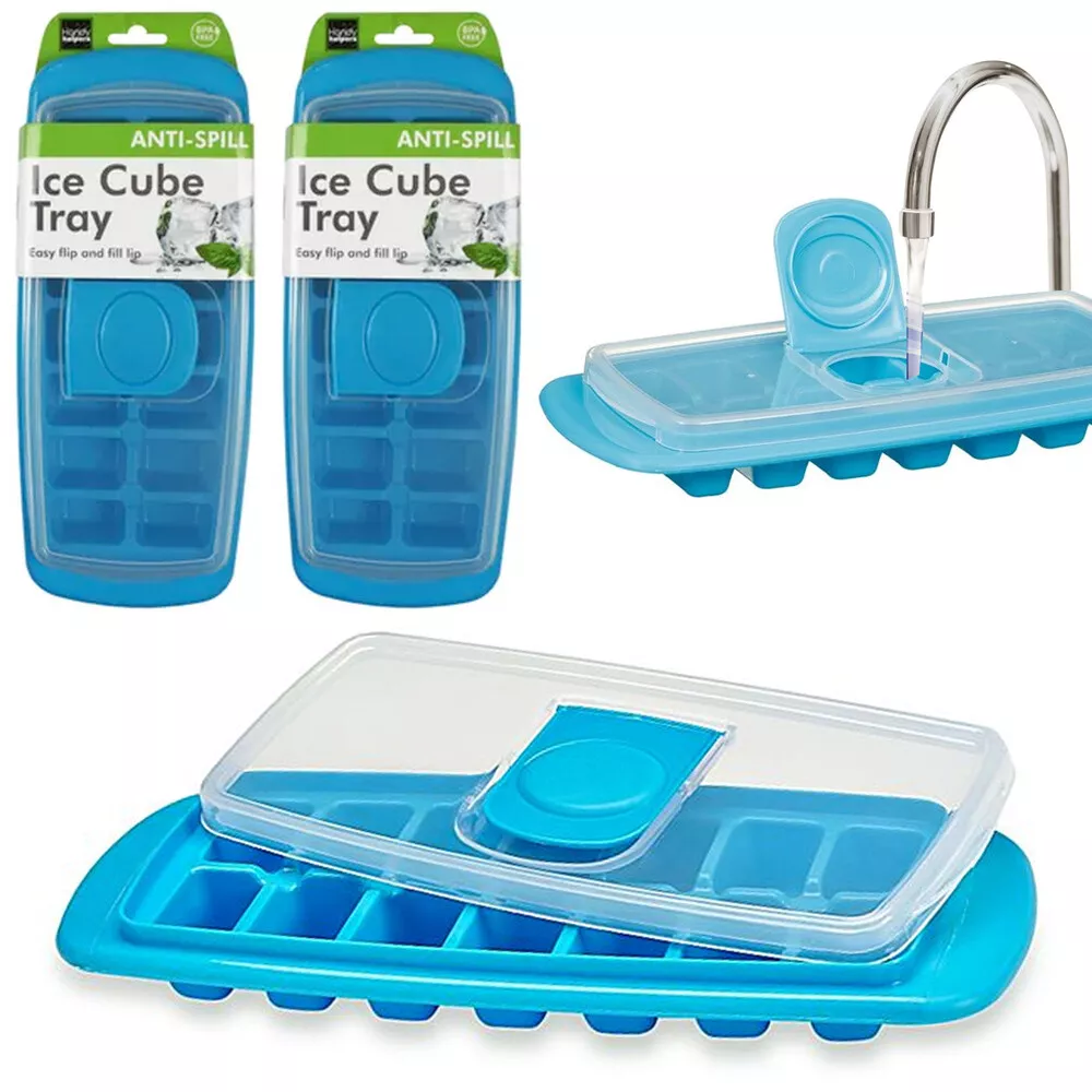 2 Ice Cube Tray Flip Cover No-Spill Reusable Freezer Mold Maker BPA Free  Kitchen