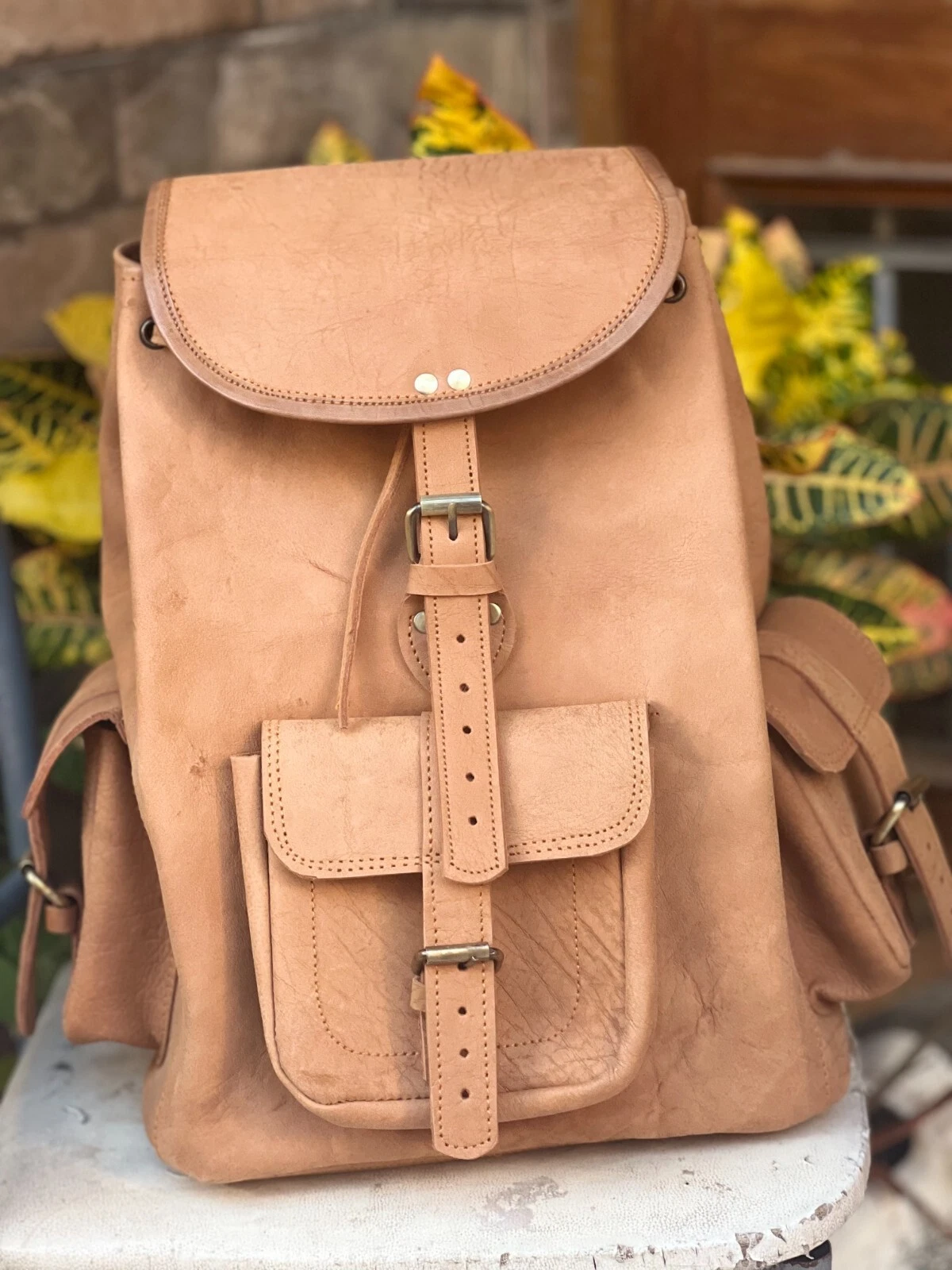 Pure Cowhide Leather Large Men's Vintage Backpack Travel Rucksack Laptop Gym Bag