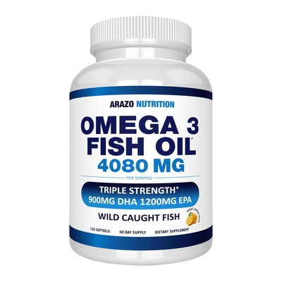 Arazo Nutrition Omega 3 Fish Oil - 3x Strength, EPA & DHA, Highest Potency