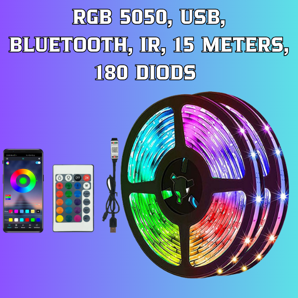 Led Strip Lights RGB 5050, 15 meters, USB, 12 diods per metr, IR, Bluetooth
