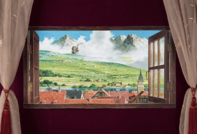 Ghibli Museum Original Howl's moving castle Fenster Wandbild Howl's Coming Town