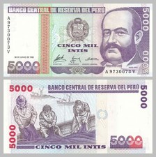 Peru 5000 Intis 1988 P137 Uncirculated.