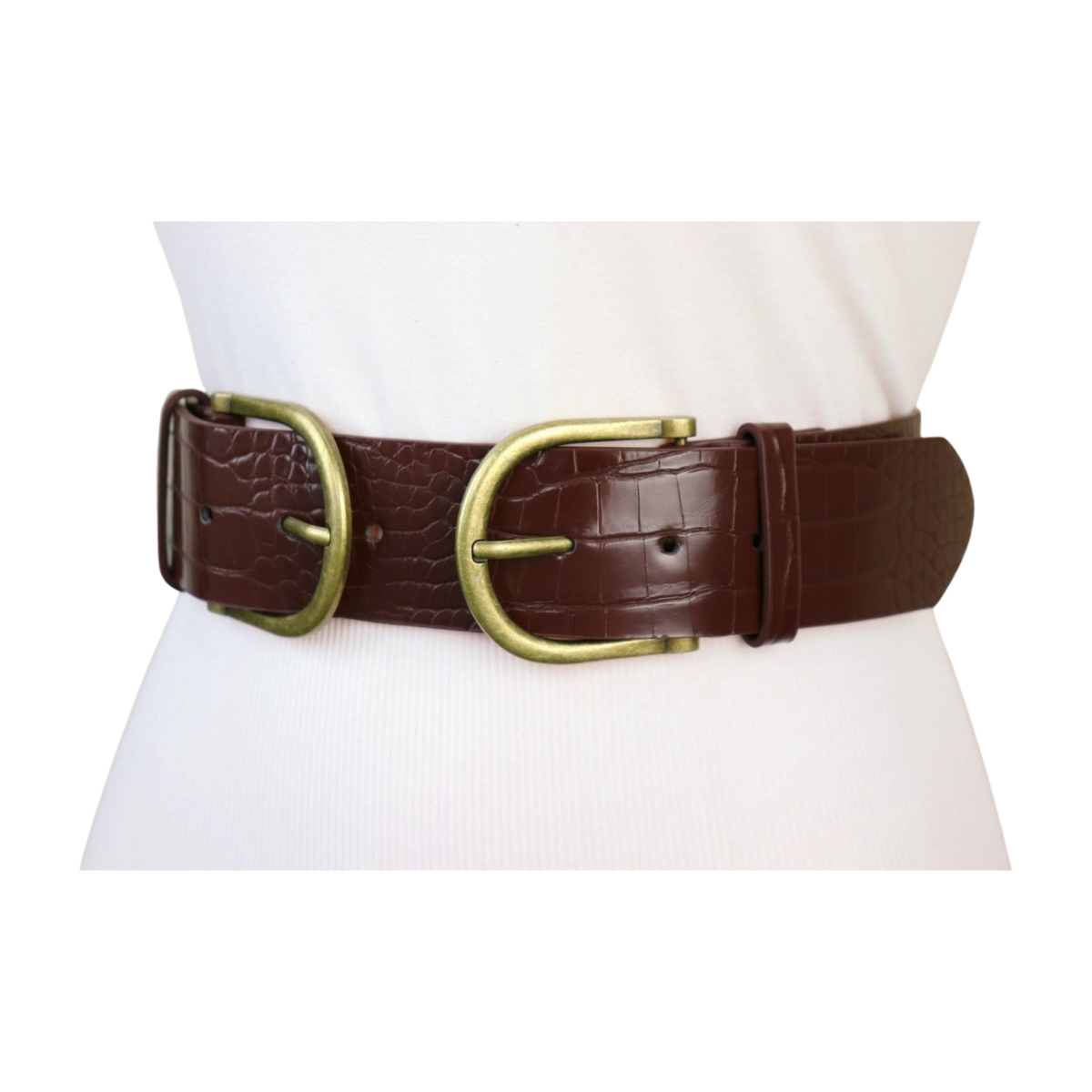 Vintage Double Buckle Western Belt Adjustable Faux Leather White Faux Leather Studded Double Buckle Western Belt  main image 2